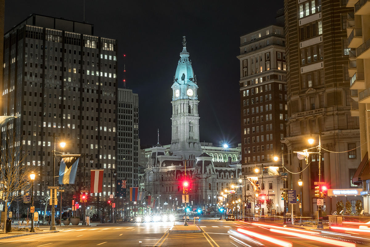 Scene of Philadelphia cityscape river side at the night time, US